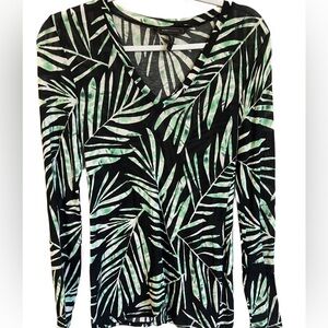 White House Black Market Black and Green Leaf Print Blouse